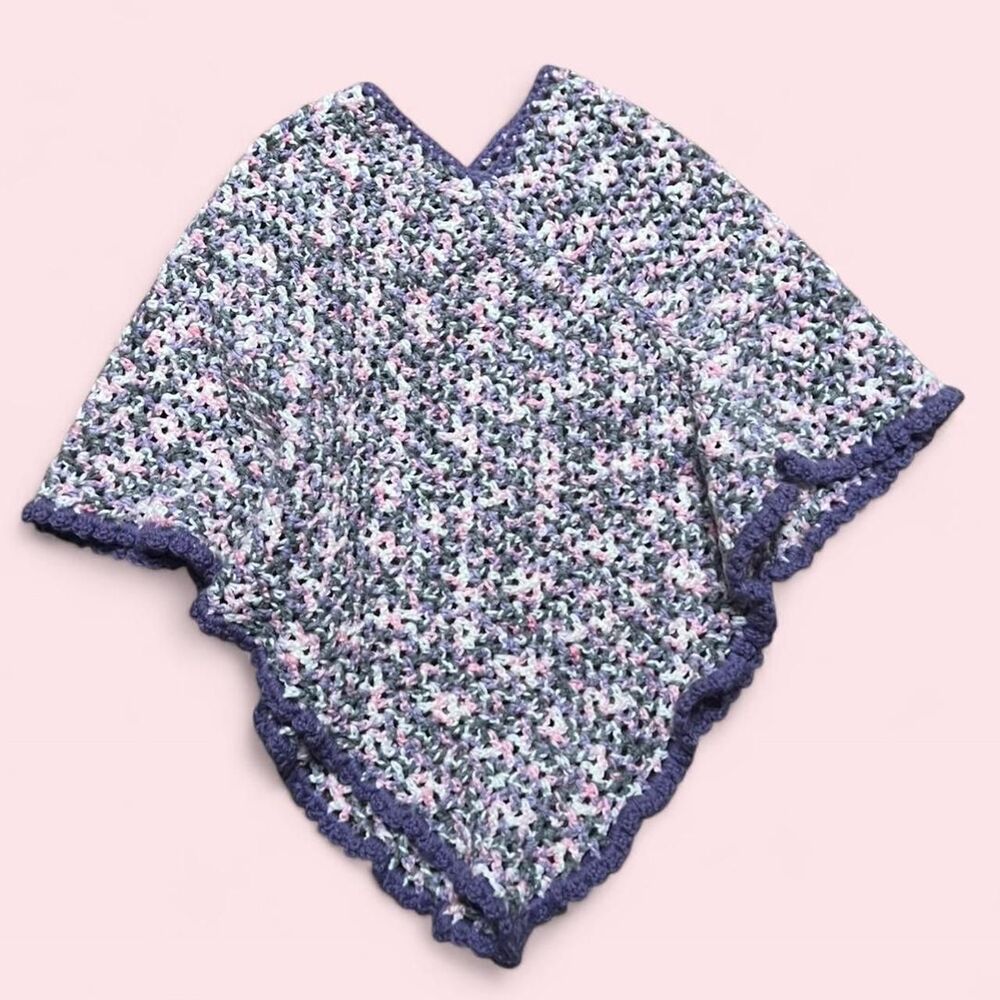 Handmade vintage crochet white, pink, Grey, purple knit poncho with purple trim
